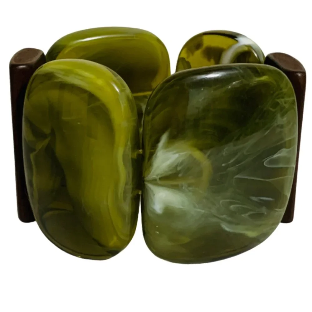 Antique Bakelite Cuff Bracelet Art Deco Swirls Stretch Rectangle Green Rare